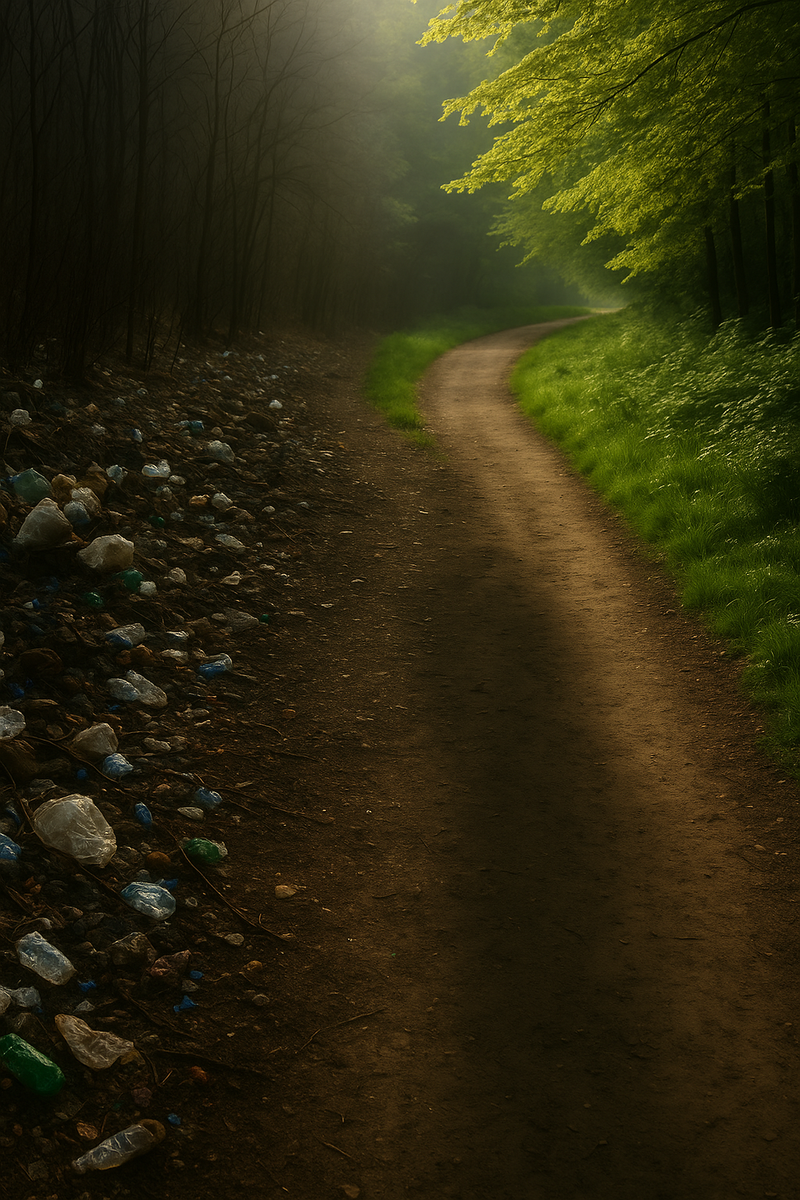 Winding dirt path through a forest with sunlight filtering through the trees.